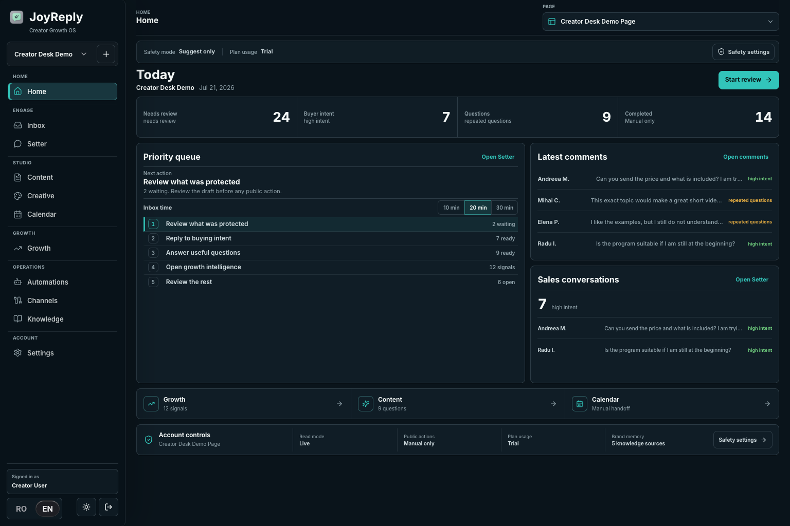 JoyReply command center in a sanitized demo workspace