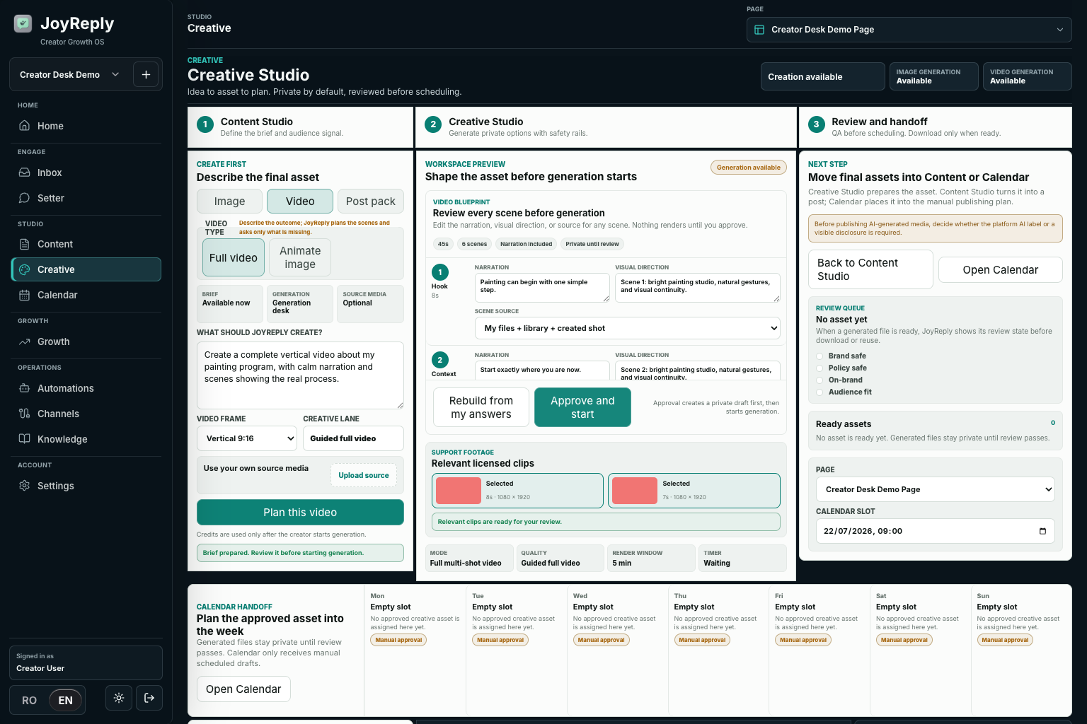 JoyReply Creative Studio and Calendar in a sanitized demo workspace