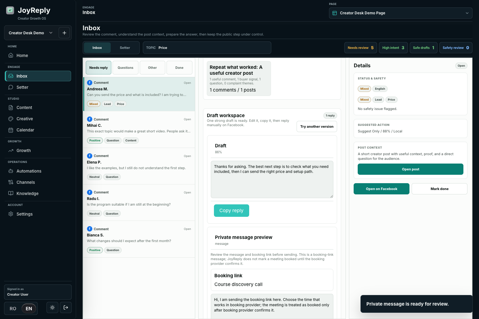 JoyReply Inbox and conversation workspace in a sanitized demo
