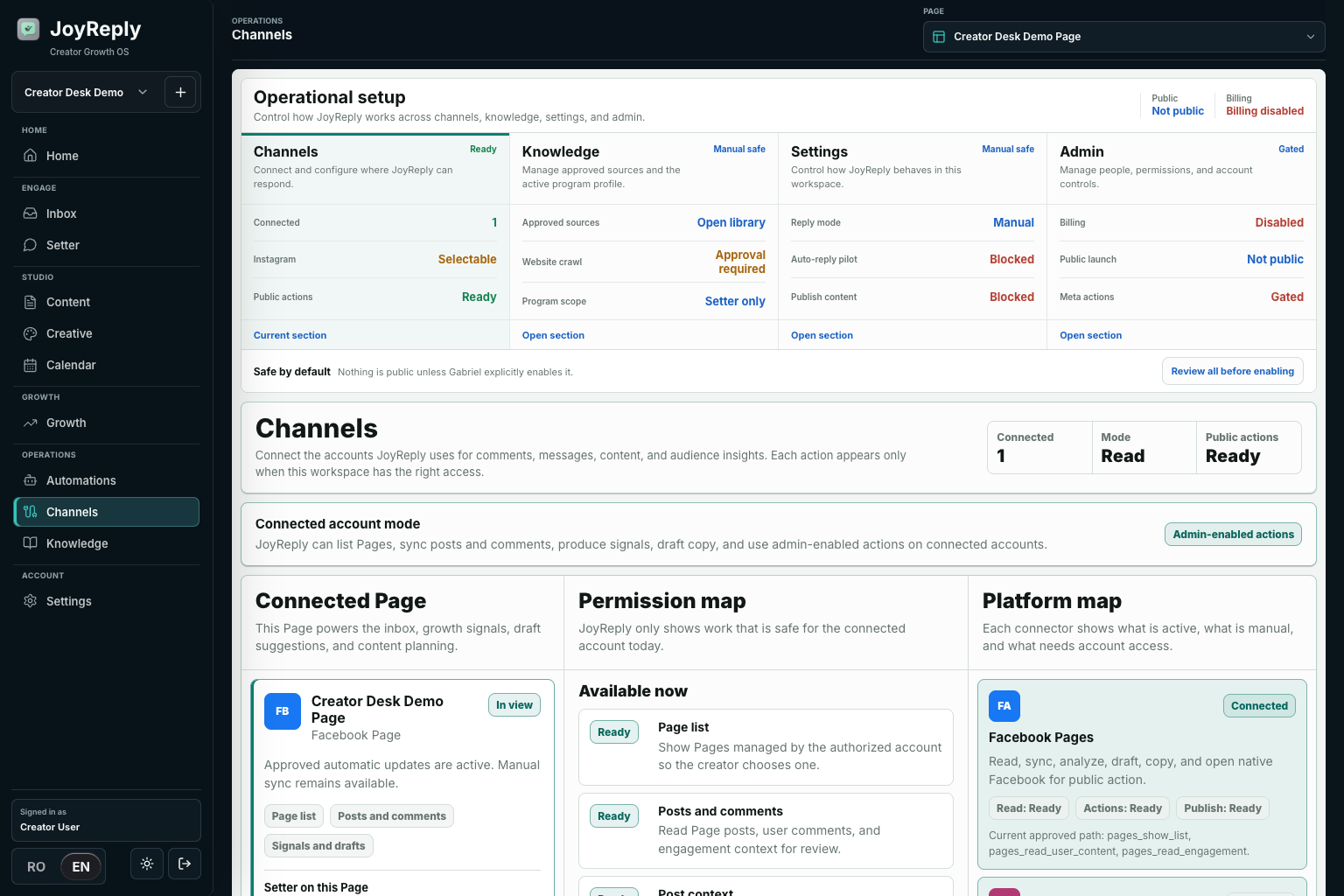 JoyReply operational setup in a sanitized demo workspace