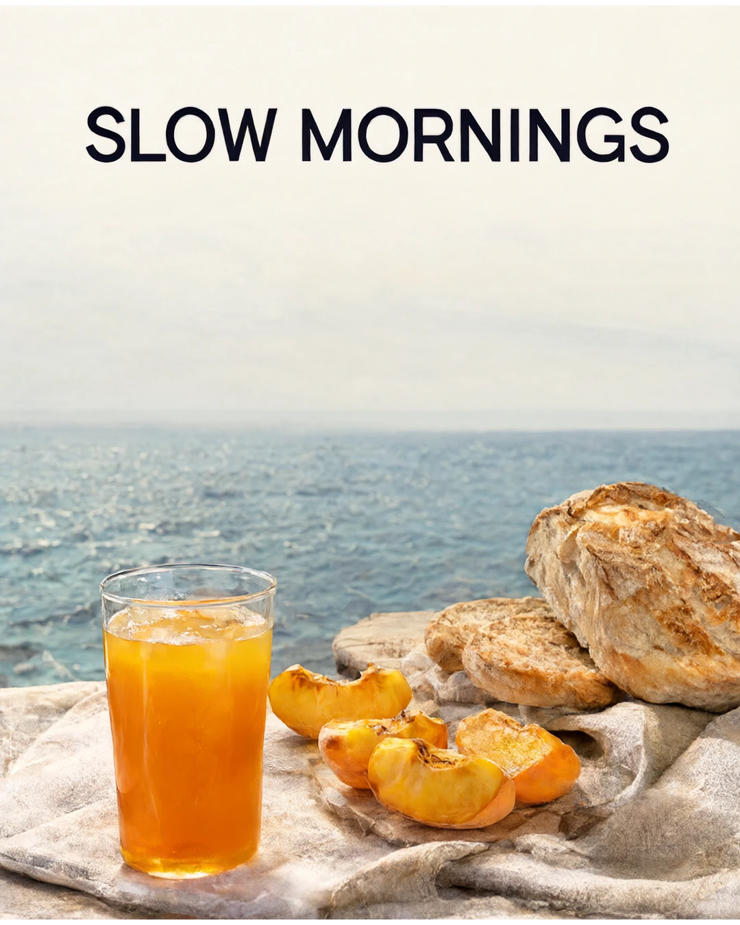 Bread, peach slices and orange juice beneath the headline SLOW MORNINGS.